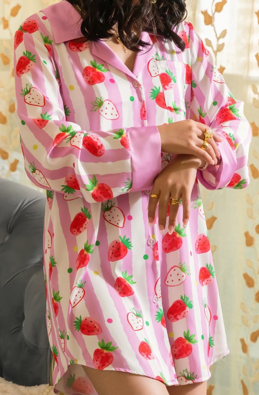 Pink strawberry sleep shirt, soft fabric, perfect for cozy nights