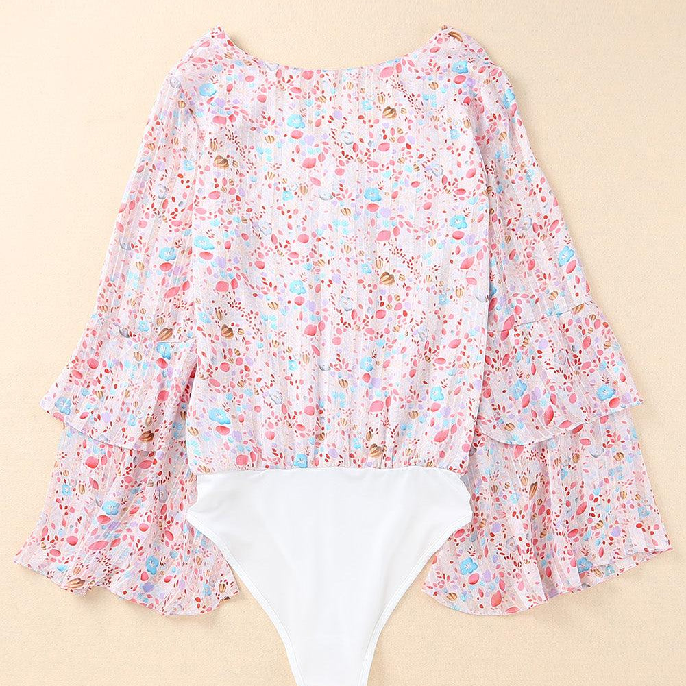 Women's Shirts - Bodysuits Pink Tiered Ruffled Bell Sleeve Floral Bodysuit