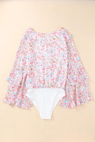 Women's Shirts - Bodysuits Pink Tiered Ruffled Bell Sleeve Floral Bodysuit