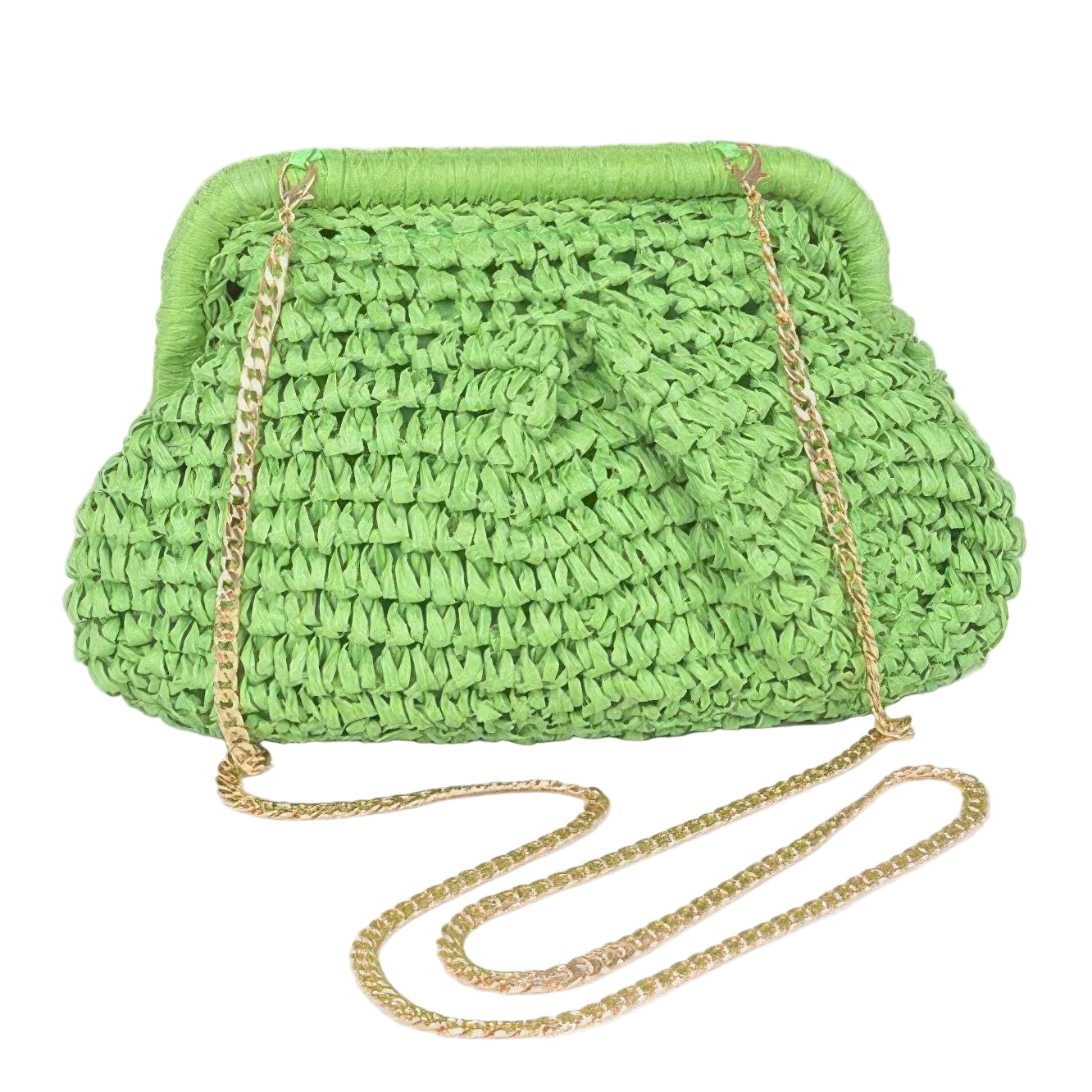 Green woven evening clutch with a gold chain strap, perfect for stylish outings