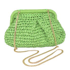 Green woven evening clutch with a gold chain strap, perfect for stylish outings