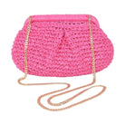 Pink woven evening clutch with a stylish gold chain for elegant outings