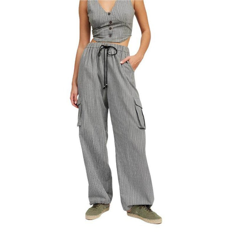 Pinstripe Cargo Pants With Waist Drawstring - VacationGrabs