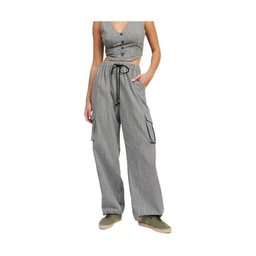 Pinstripe Cargo Pants With Waist Drawstring - VacationGrabs