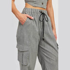 Pinstripe Cargo Pants With Waist Drawstring - VacationGrabs