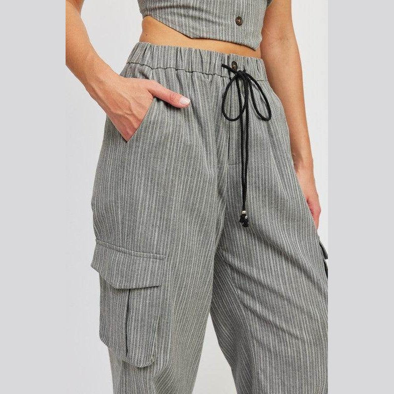 Pinstripe Cargo Pants With Waist Drawstring - VacationGrabs
