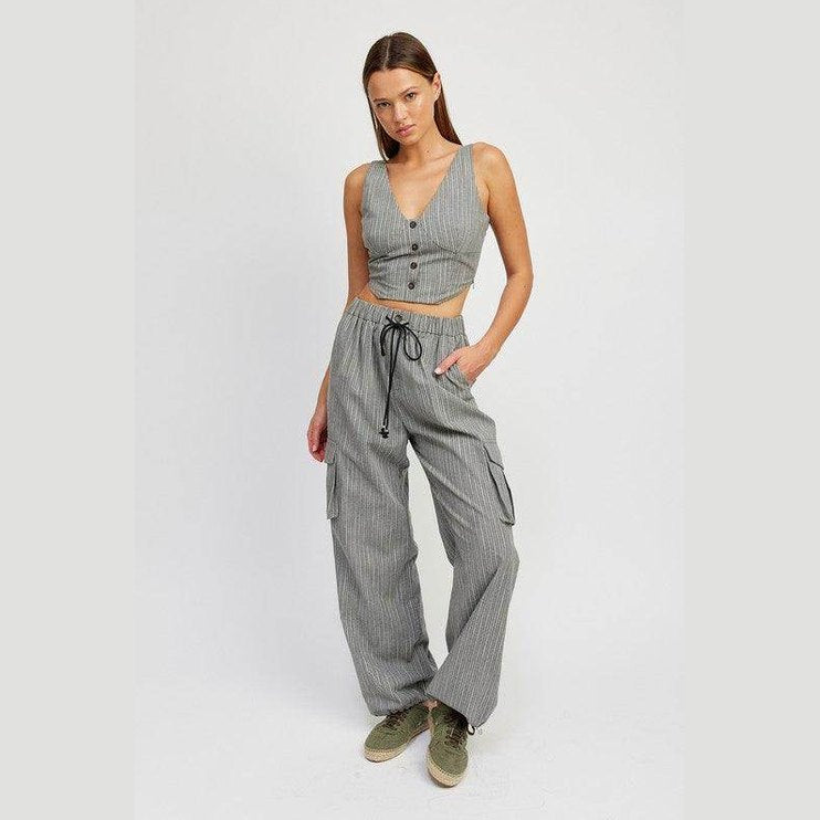 Pinstripe Cargo Pants With Waist Drawstring - VacationGrabs