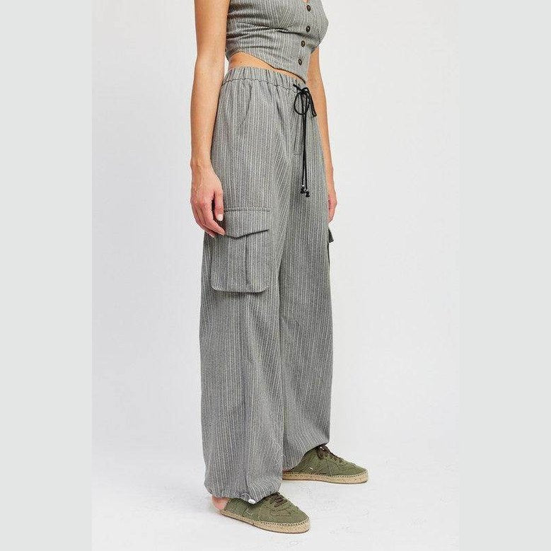Pinstripe Cargo Pants With Waist Drawstring - VacationGrabs