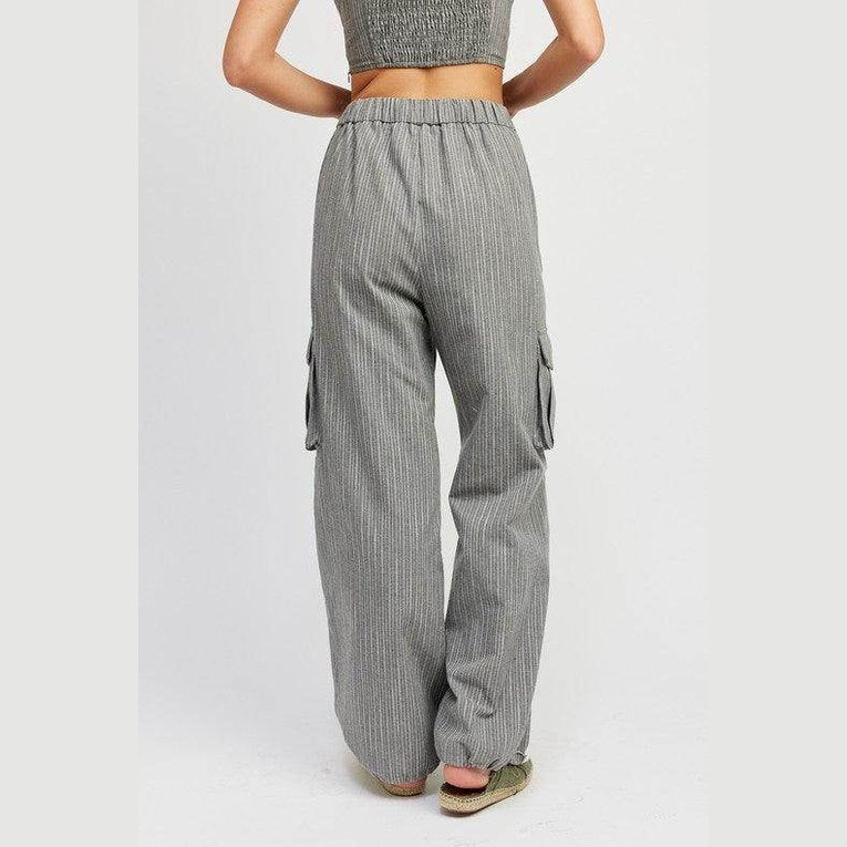 Pinstripe Cargo Pants With Waist Drawstring - VacationGrabs