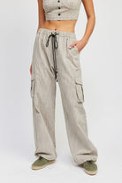 Women's Pants Pinstripe Cargo Pants With Waist Drawstring