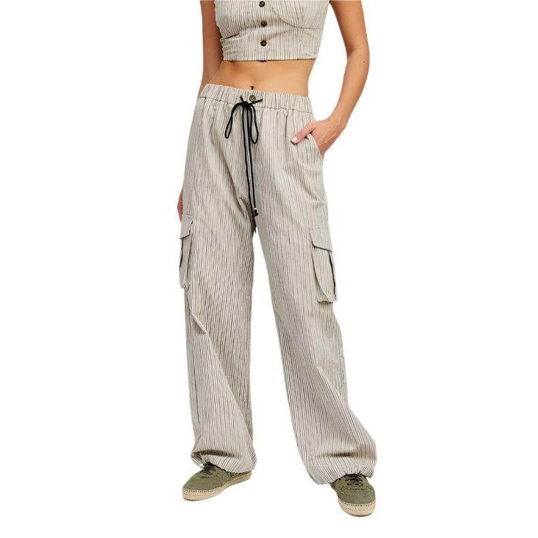 Pinstripe Cargo Pants With Waist Drawstring - VacationGrabs