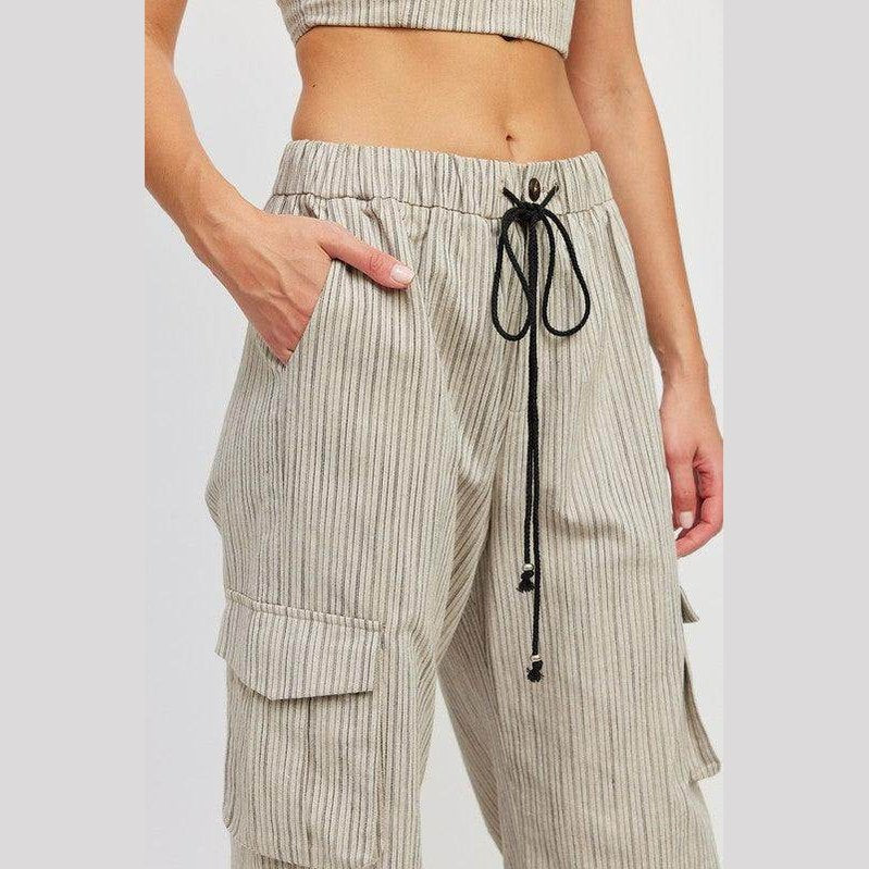 Pinstripe Cargo Pants With Waist Drawstring - VacationGrabs