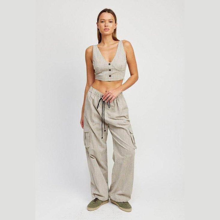Pinstripe Cargo Pants With Waist Drawstring - VacationGrabs