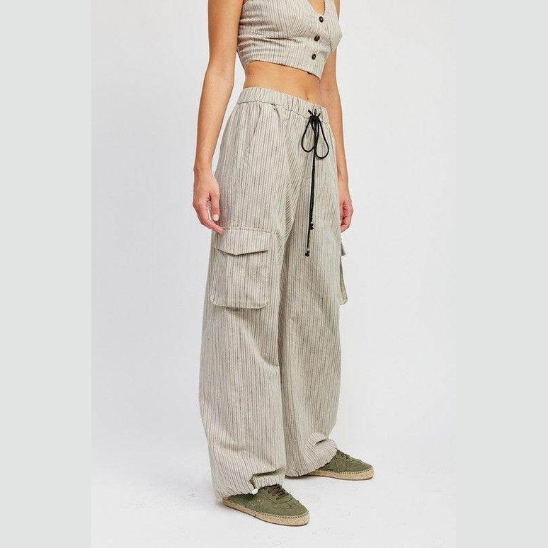 Pinstripe Cargo Pants With Waist Drawstring - VacationGrabs