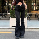 Women's black pinstripe bootcut jeans boots for a stylish look