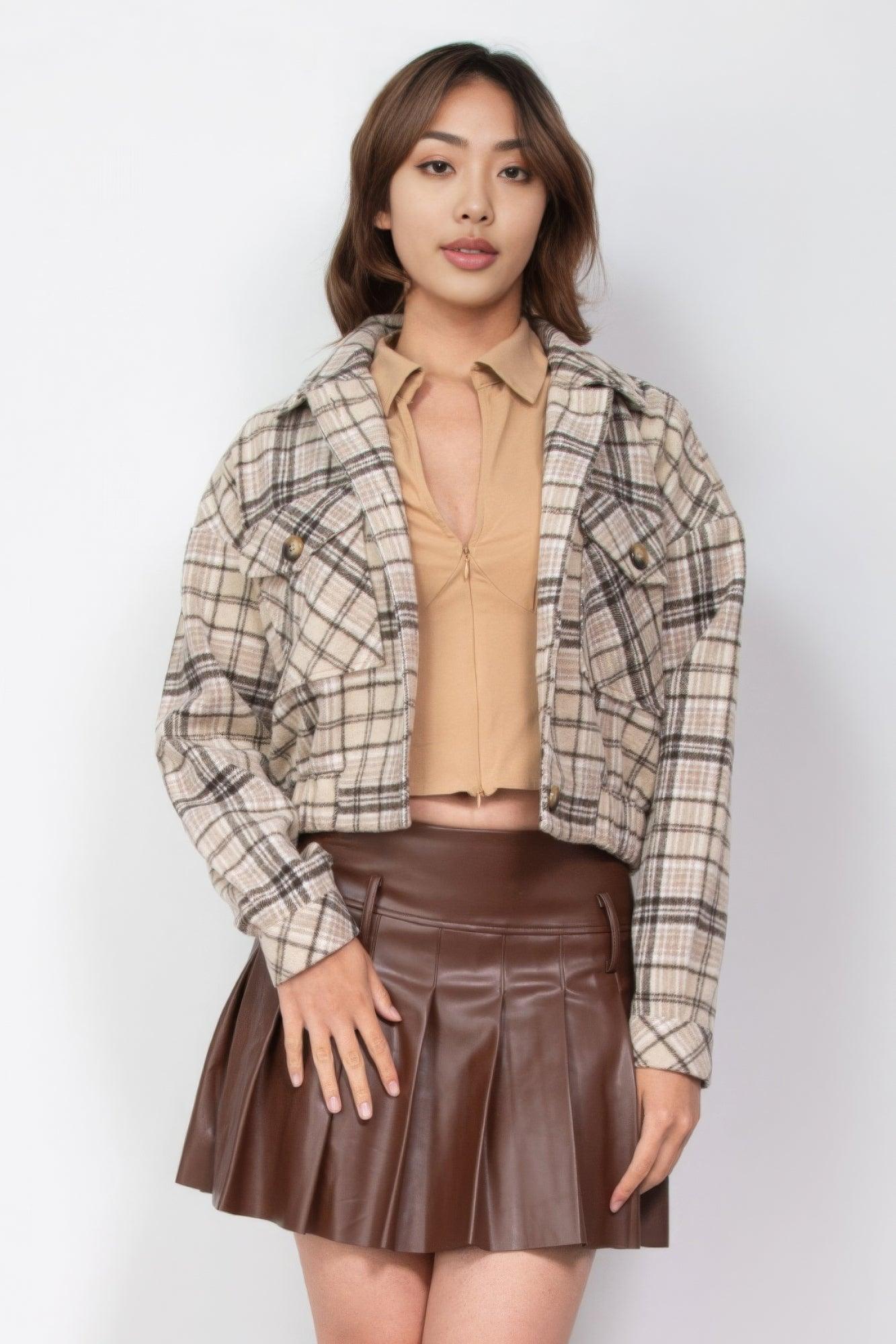 Women's Coats & Jackets Plaid Button-down Crop Jacket