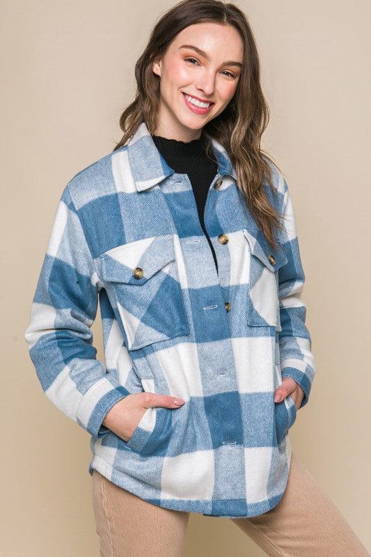 Women's Coats & Jackets Plaid Button Down Jacket With Front Pocket Detail
