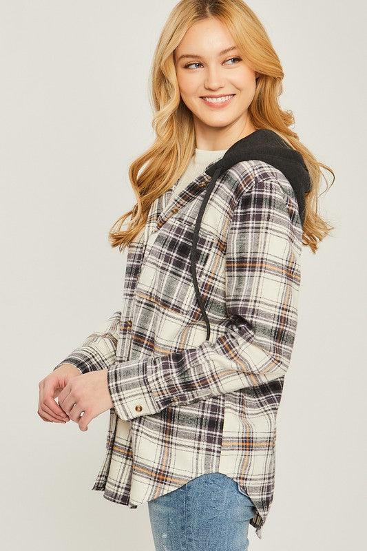 Women's Shirts - Shackets Plaid Flannel Button Up Shacket With Hood