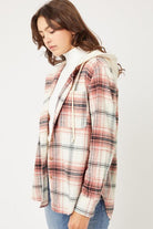 Women's Shirts - Shackets Plaid Flannel Button Up Shacket With Hood