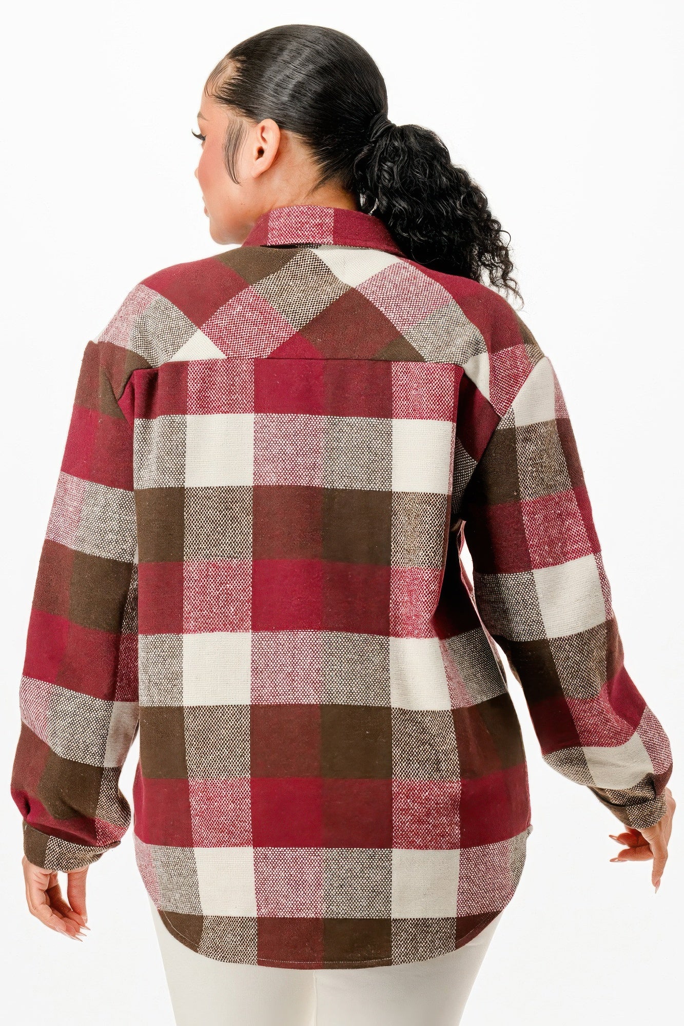 Back view of women's plaid flannel shacket for women in red and brown check pattern