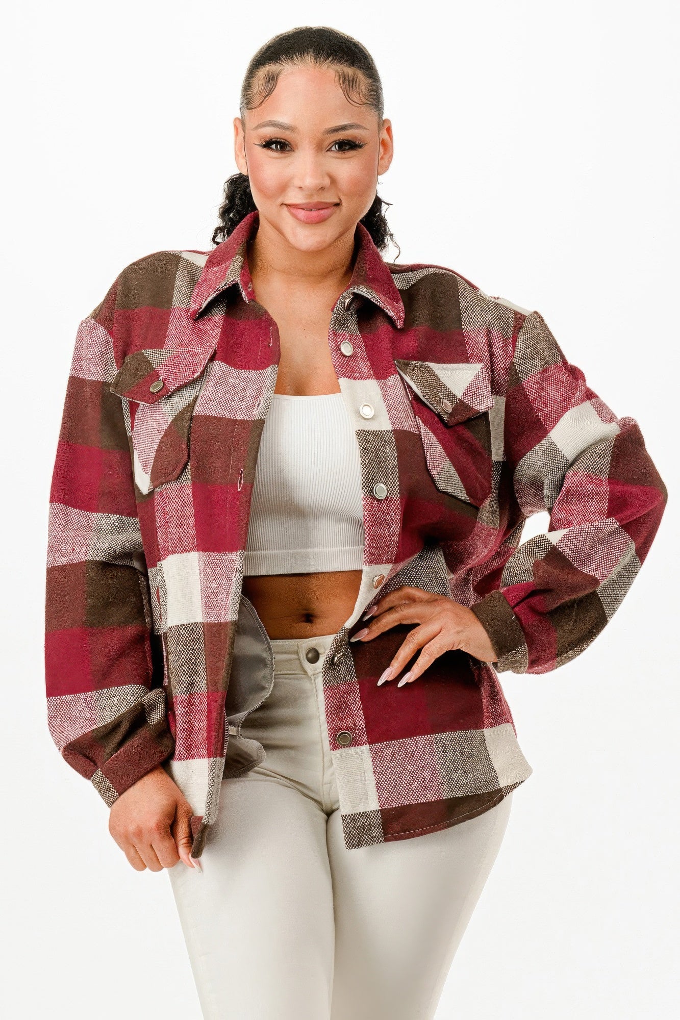 Stylish plaid flannel shacket for women in burgundy and gray with front pockets, perfect for layering