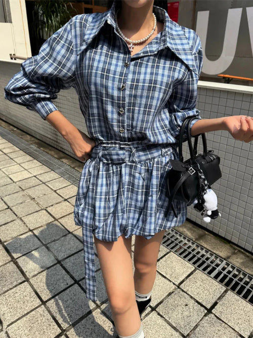 Plaid matching set, blue and white, stylish for casual outings