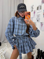 Women's blue plaid matching set, stylish for casual outings