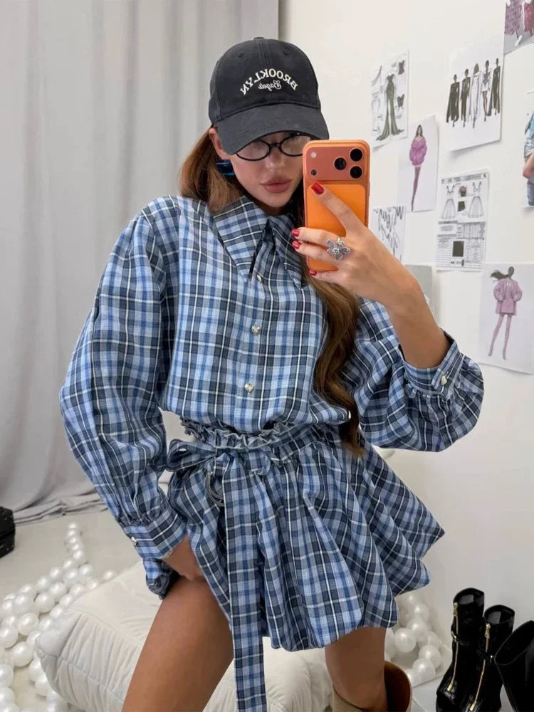 Women's blue plaid matching set, stylish for casual outings