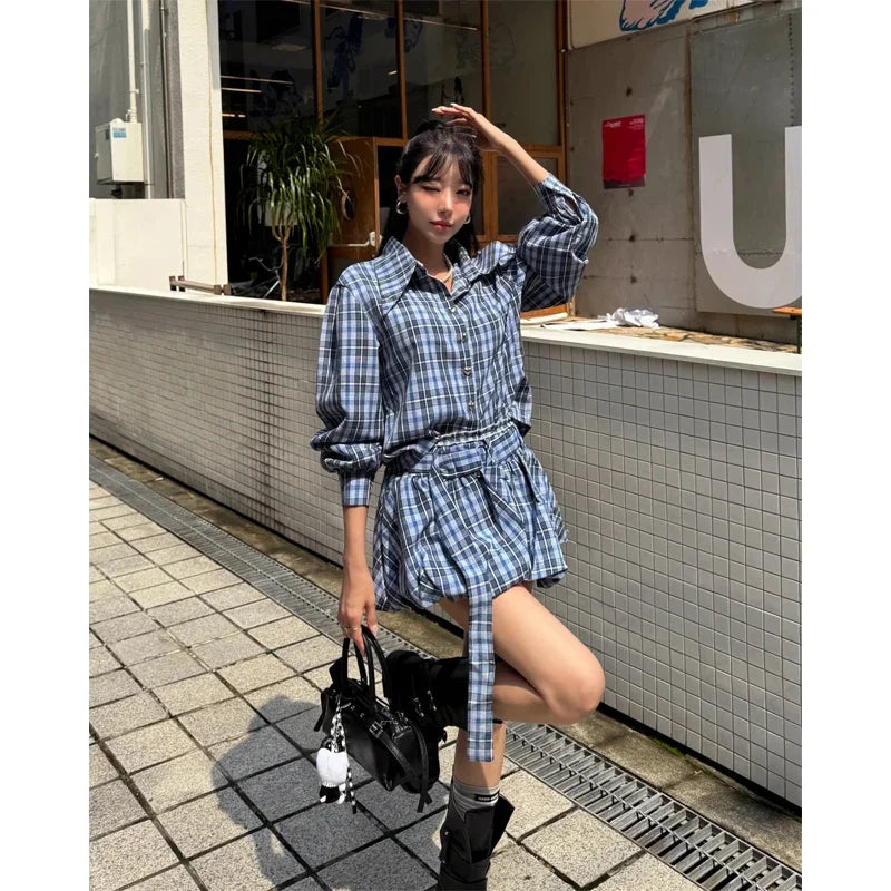 Women's blue plaid matching set, stylish urban outfit for casual wear