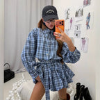 Women's blue plaid matching set, stylish outfit for casual outings
