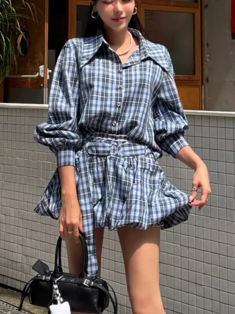 Blue plaid matching set with long sleeve top and ruffled skirt