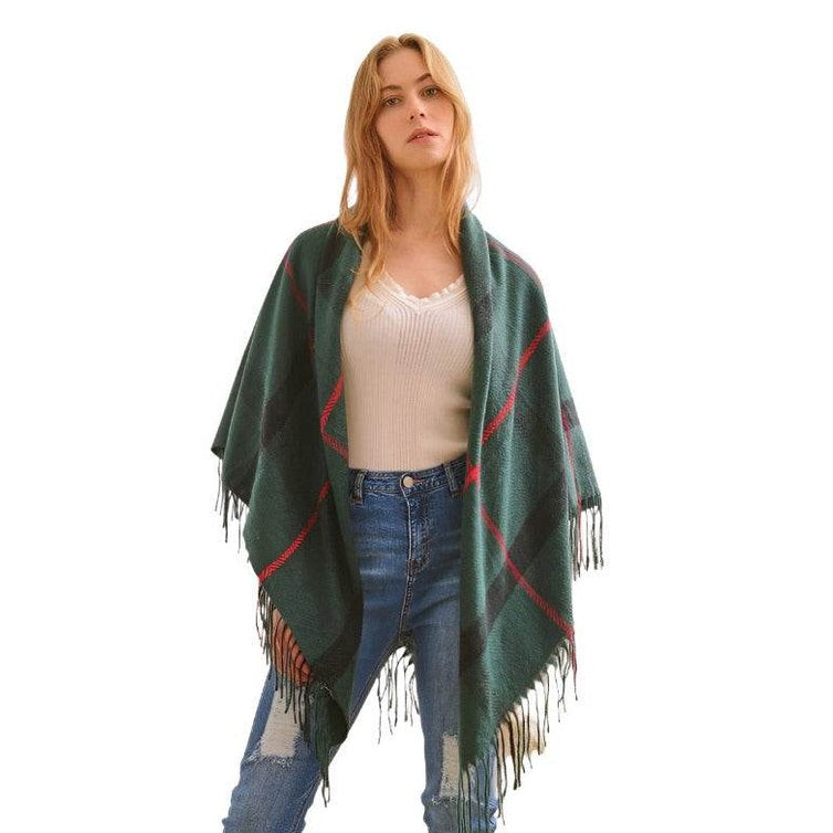 Plaid Square Fringe Shawl Scarf - VacationGrabs