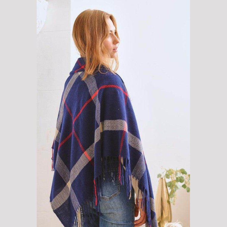 Plaid Square Fringe Shawl Scarf - VacationGrabs