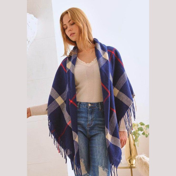 Plaid Square Fringe Shawl Scarf - VacationGrabs