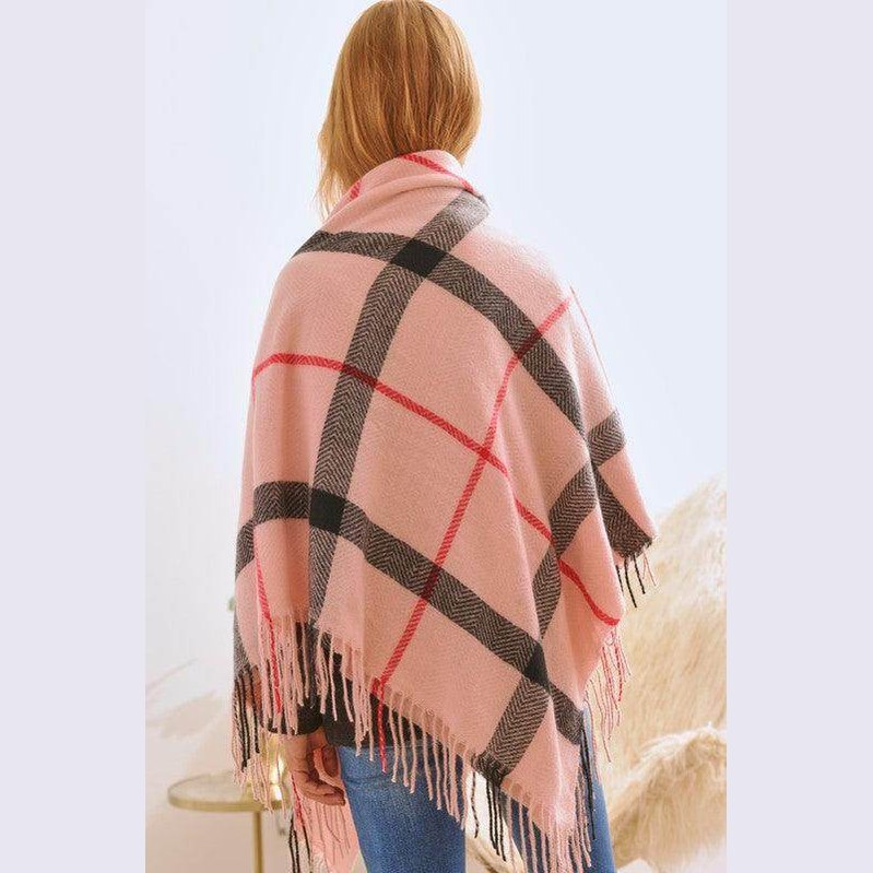 Plaid Square Fringe Shawl Scarf - VacationGrabs