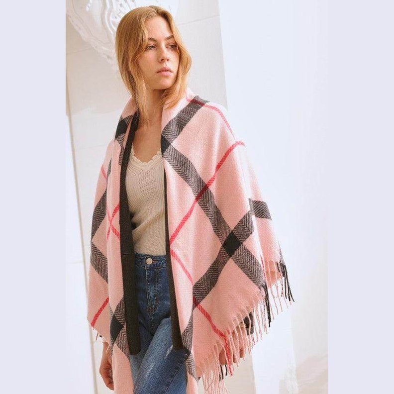 Plaid Square Fringe Shawl Scarf - VacationGrabs