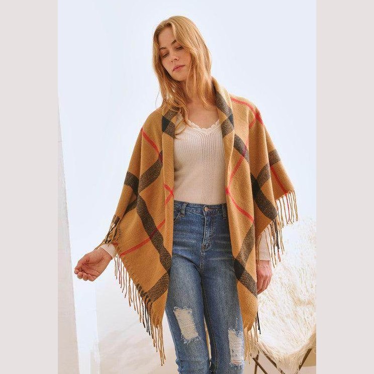 Plaid Square Fringe Shawl Scarf - VacationGrabs