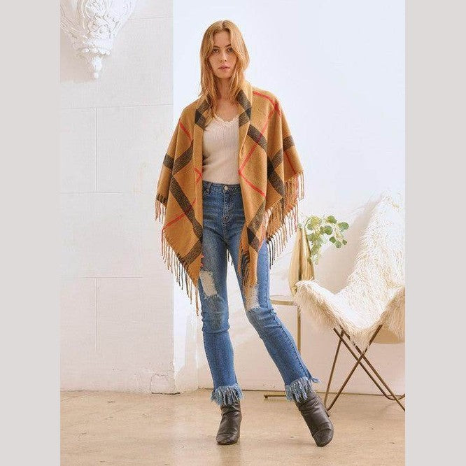 Plaid Square Fringe Shawl Scarf - VacationGrabs