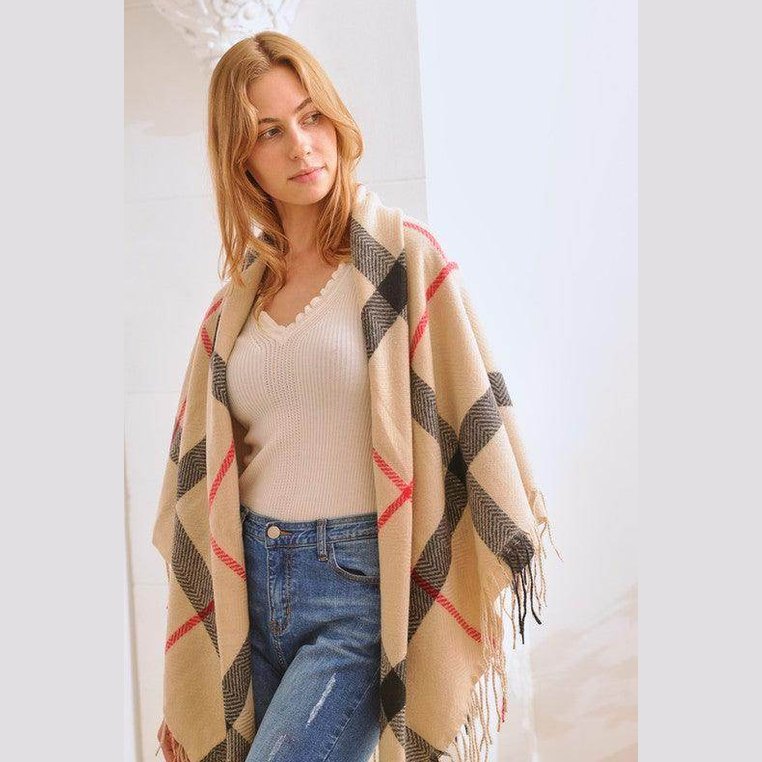 Plaid Square Fringe Shawl Scarf - VacationGrabs