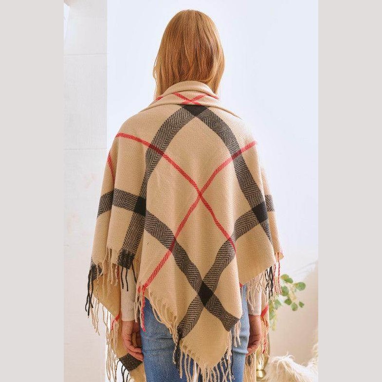 Plaid Square Fringe Shawl Scarf - VacationGrabs