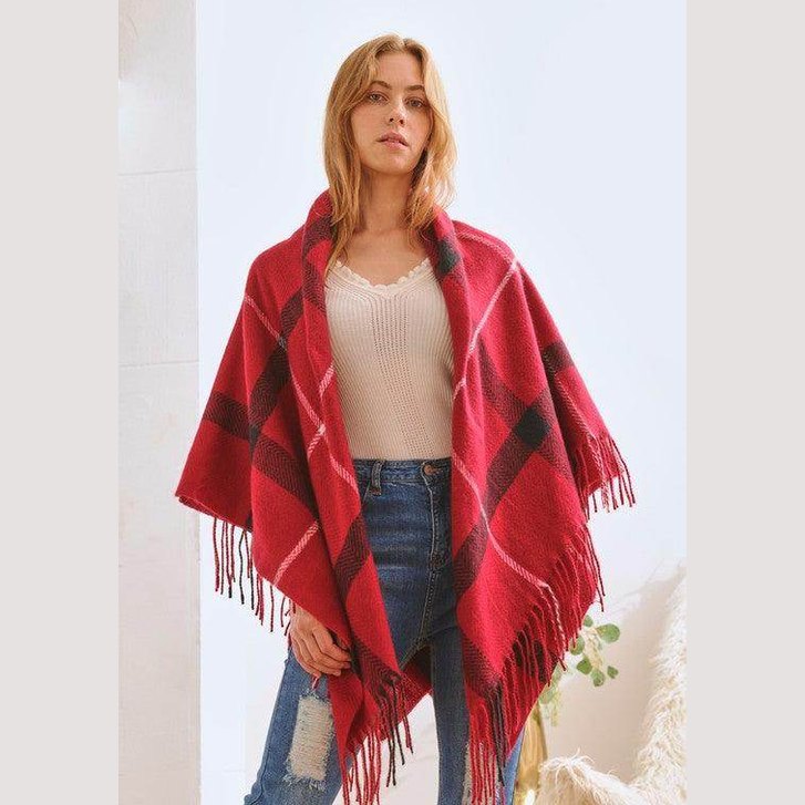 Plaid Square Fringe Shawl Scarf - VacationGrabs