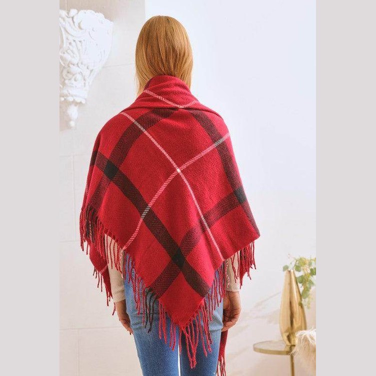 Plaid Square Fringe Shawl Scarf - VacationGrabs