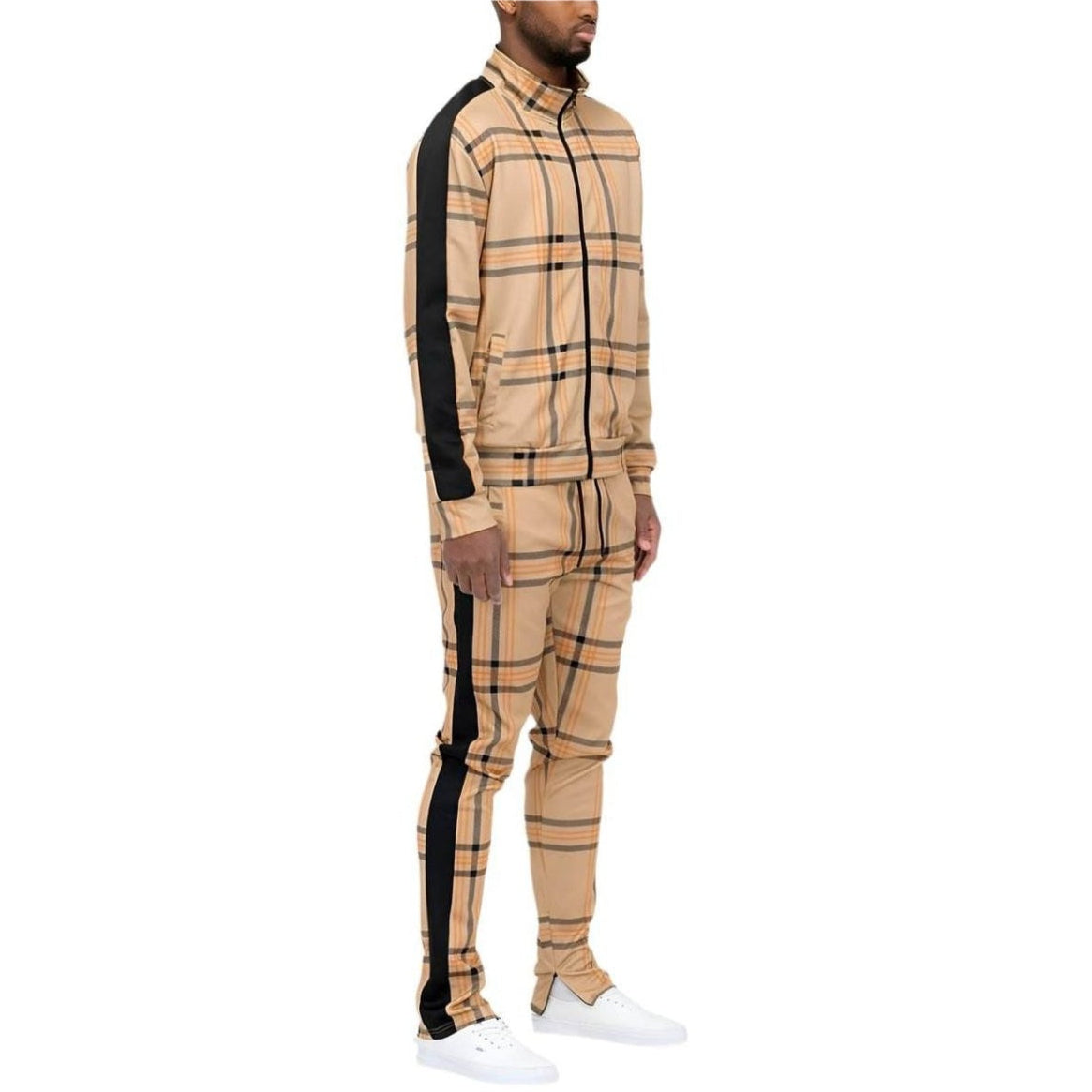 Men's WEIV 2PC Track Sets featuring a plaid track jacket and pants in tan with black accents