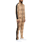 Men's WEIV 2PC Track Sets featuring a plaid track jacket and pants in tan with black accents