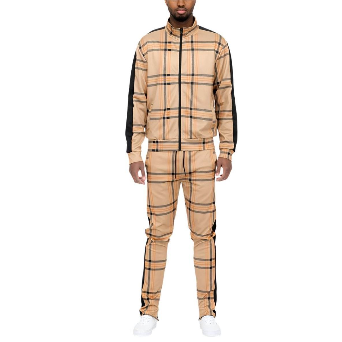 Men's 2PC Track Sets in Beige with plaid track jacket and pants for casual wear