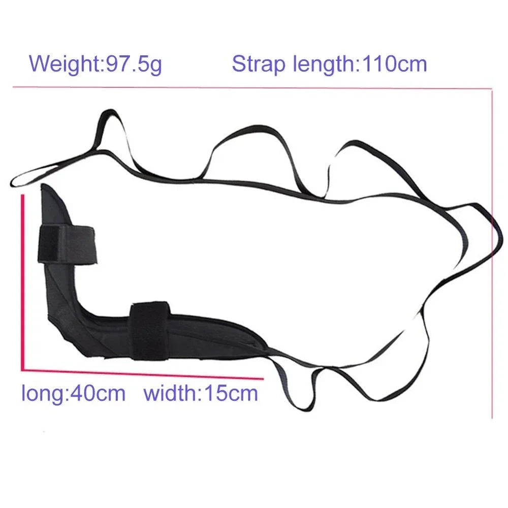 Black plantar fasciitis foot stretcher with adjustable straps for pain relief