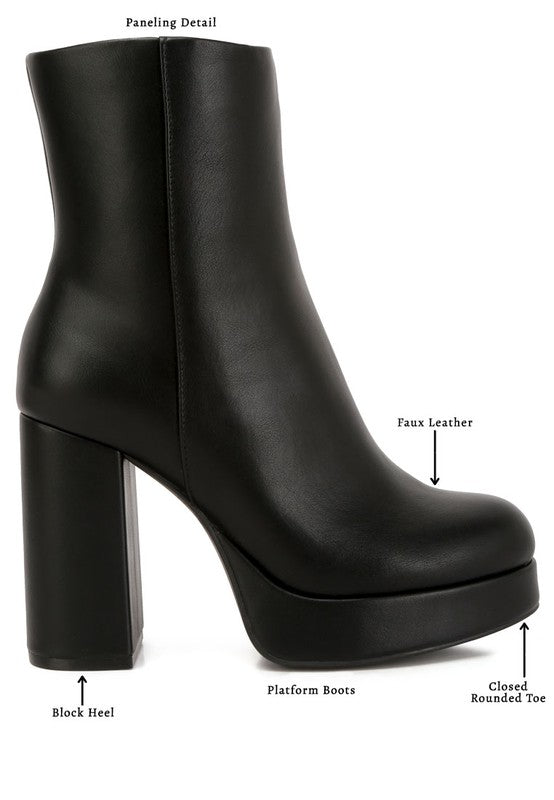Rag Company platform ankle boots for women in black faux leather with block heel and rounded toe