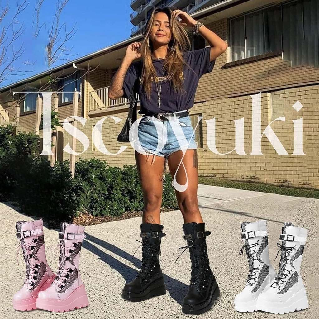 Platform Boots for Women Mid Calf Rave Goth Boot – 3/4 angle view
