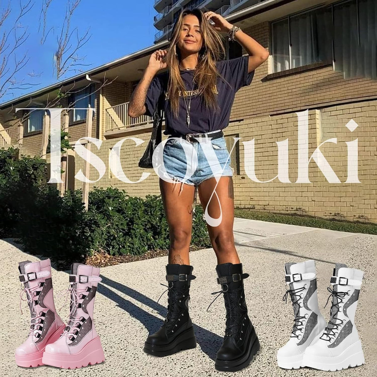 Platform Boots for Women Mid Calf Rave Goth Boot – 3/4 angle view