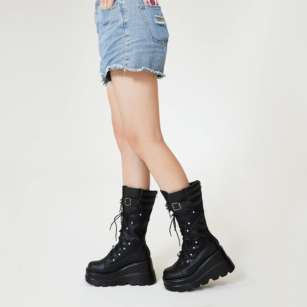 Platform Boots for Women Mid Calf Rave Goth Boot – close-up upper detail